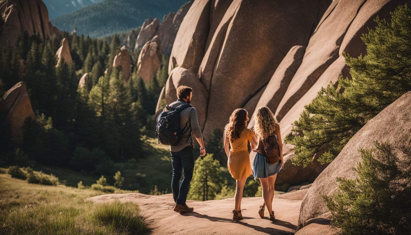 A couple exploring the Boulder Flatirons in a bustling natural atmosphere, captured in crystal clear detail. A couple exploring the Boulder Flatirons in a bustling natural atmosphere, captured in crystal clear detail.