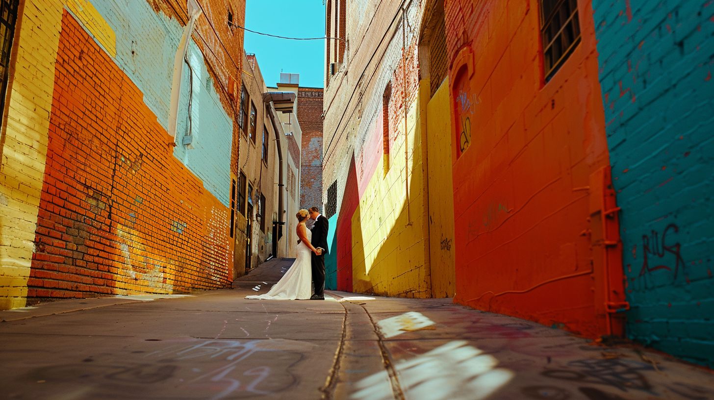 A bride and groom standing in a vibrant urban alleyway with a non-traditional wedding vibe. A bride and groom standing in a vibrant urban alleyway with a non-traditional wedding vibe.
