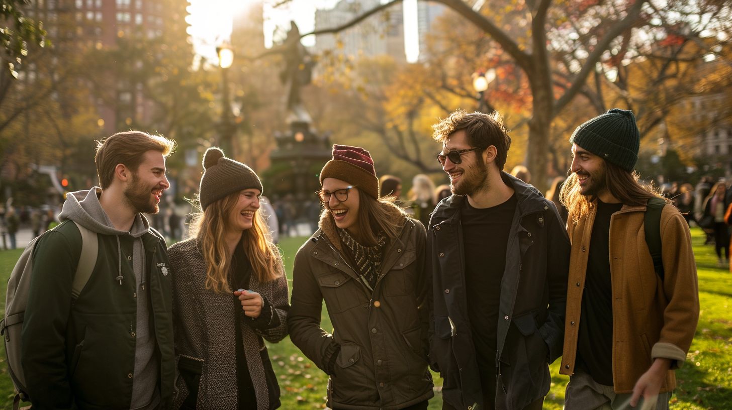 A group of friends dressed casually, laughing and walking together in a vibrant city park. A group of friends dressed casually, laughing and walking together in a vibrant city park.