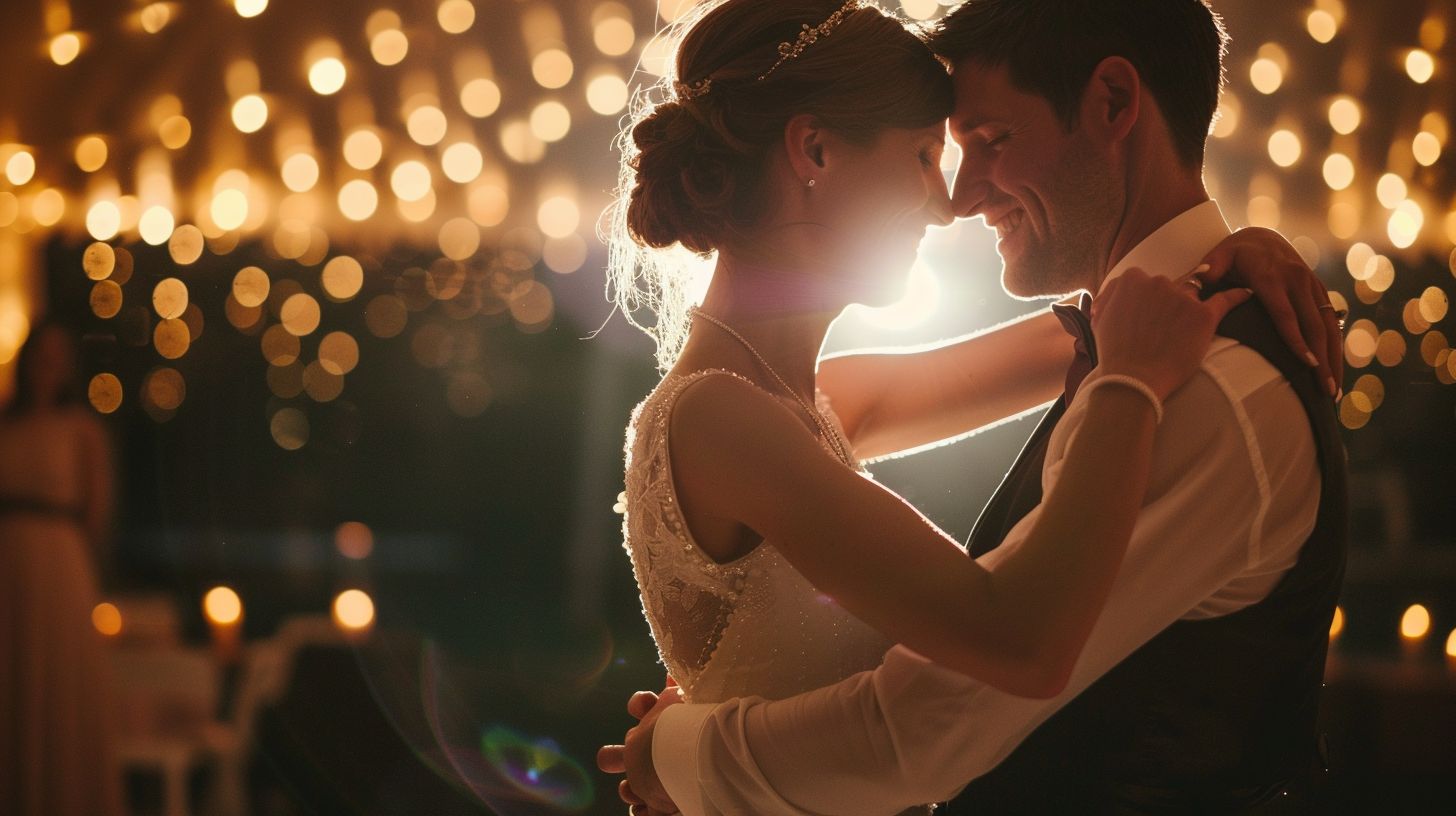 A bride and groom sharing their first dance at a wedding venue. A bride and groom sharing their first dance at a wedding venue.