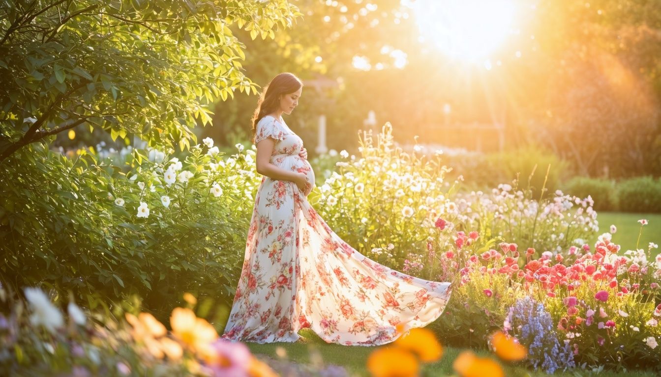 A pregnant woman in a floral dress poses in a beautiful garden. A pregnant woman in a floral dress poses in a beautiful garden.