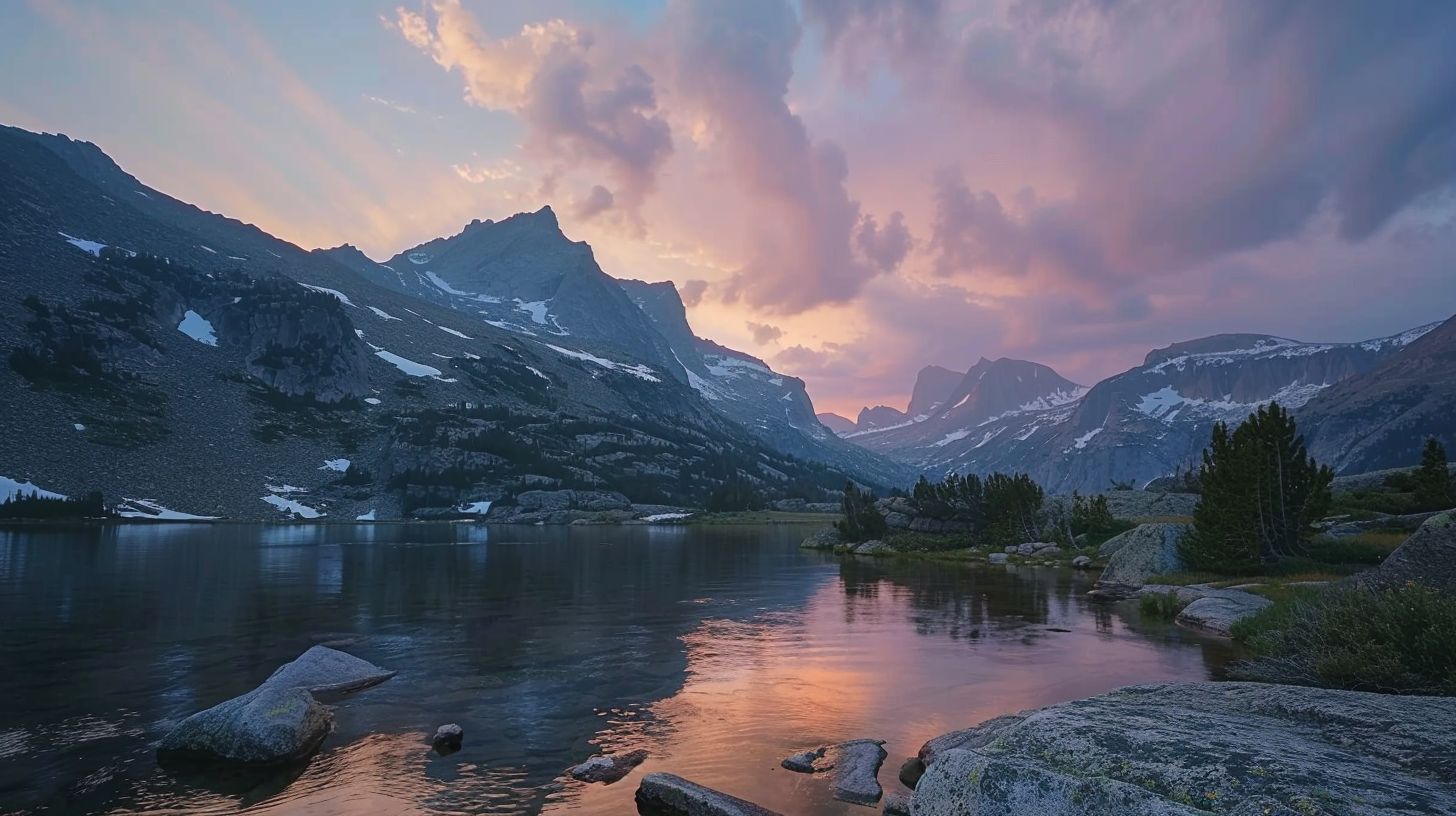 A wide-angle lens captures a stunning mountain landscape at sunrise. A wide-angle lens captures a stunning mountain landscape at sunrise.