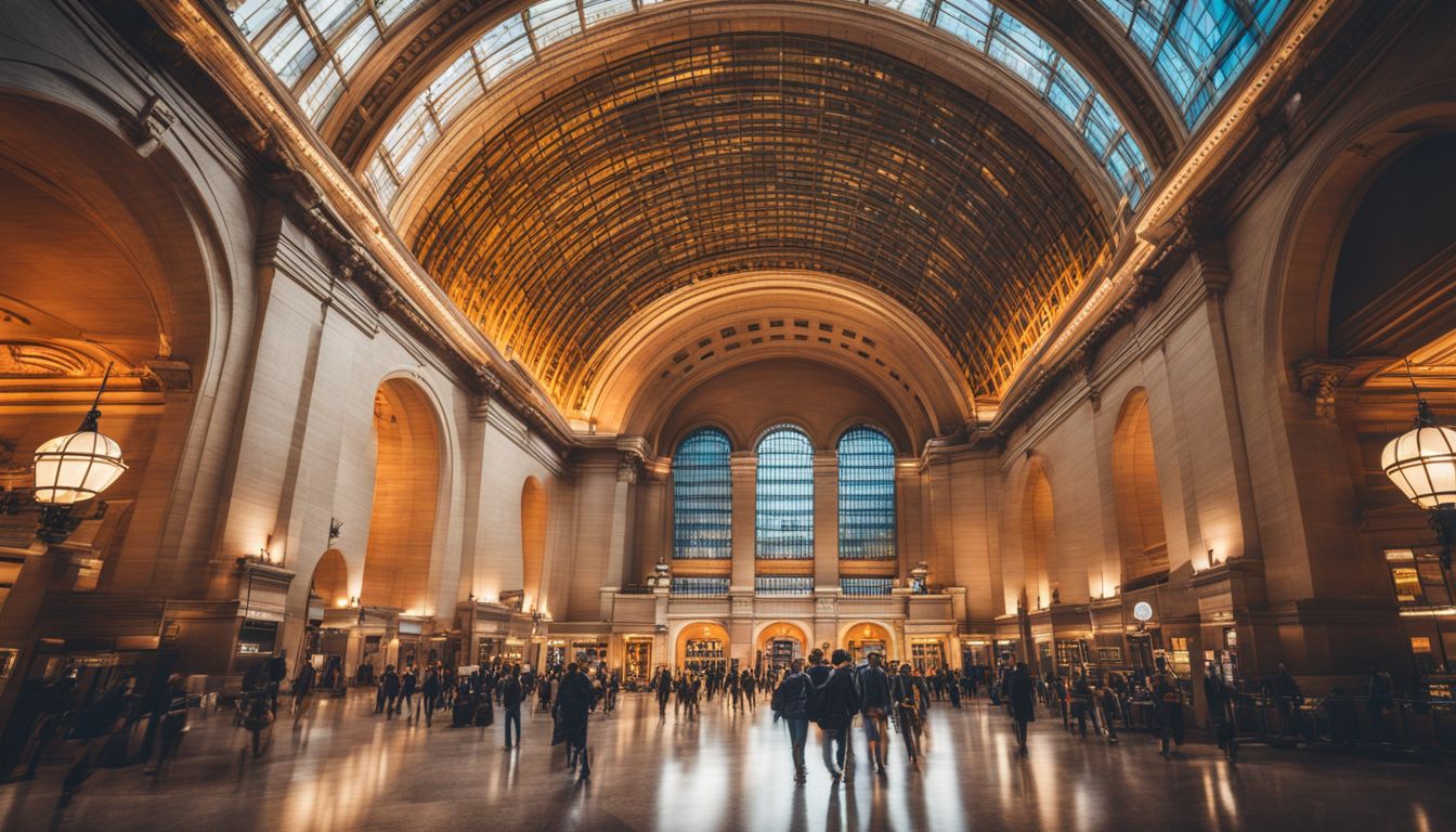 The grand architecture of Union Station surrounded by a bustling urban atmosphere and diverse individuals. The grand architecture of Union Station surrounded by a bustling urban atmosphere and diverse individuals.