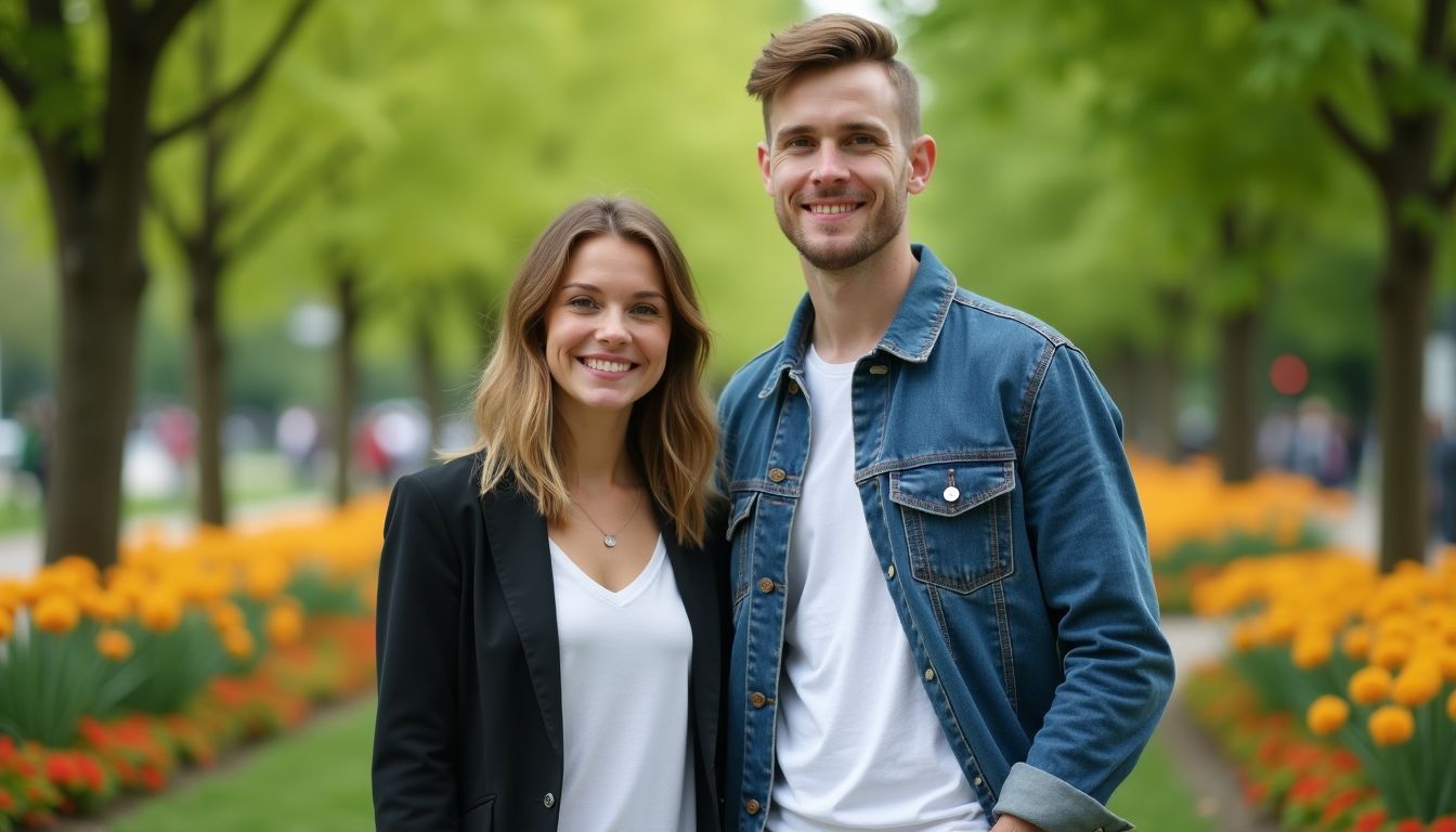 A young couple in casual clothes standing in a park. A young couple in casual clothes standing in a park.