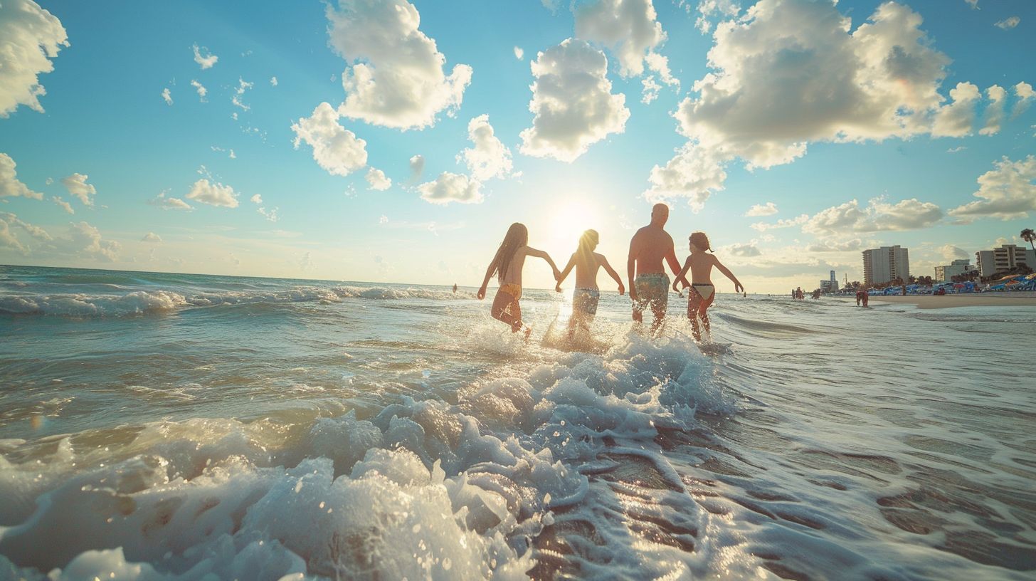 A joyful family enjoys playing in the waves at Clearwater Beach. A joyful family enjoys playing in the waves at Clearwater Beach.