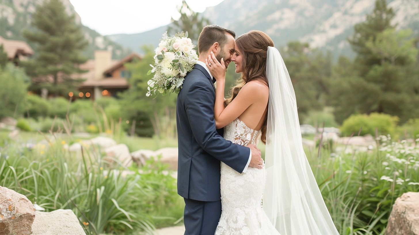 A newlywed couple shares an intimate moment in the picturesque gardens of Della Terra Mountain Chateau. A newlywed couple shares an intimate moment in the picturesque gardens of Della Terra Mountain Chateau.