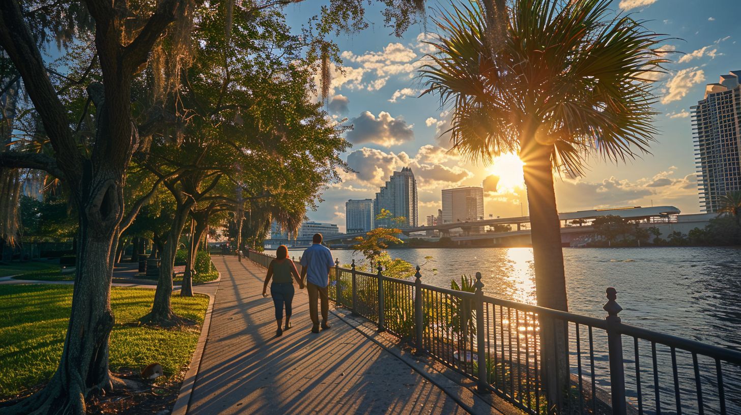 A couple walks along Tampa Riverwalk at sunset with city skyline in background, capturing the scene with DSLR. A couple walks along Tampa Riverwalk at sunset with city skyline in background, capturing the scene with DSLR.
