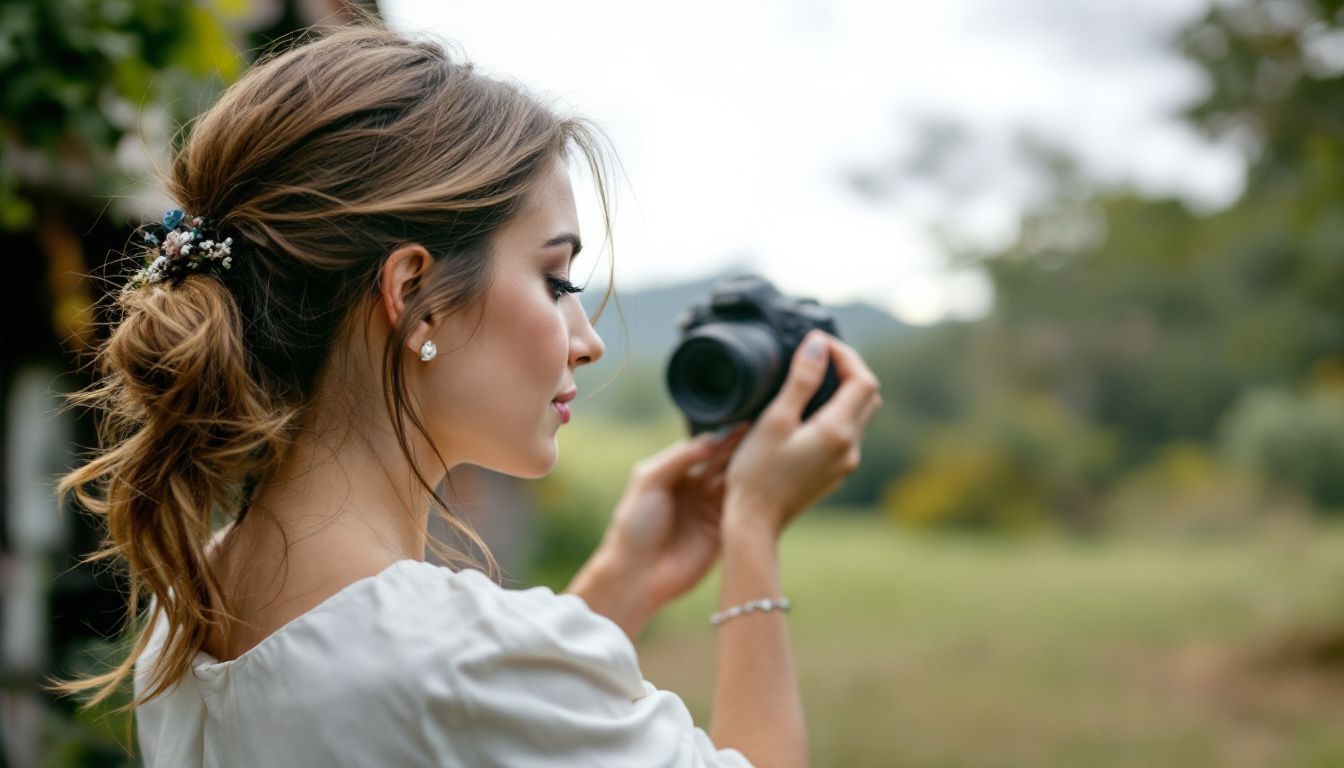 A casual photo of a woman in her 30s working as a photographer at a romantic wedding event. A casual photo of a woman in her 30s working as a photographer at a romantic wedding event.