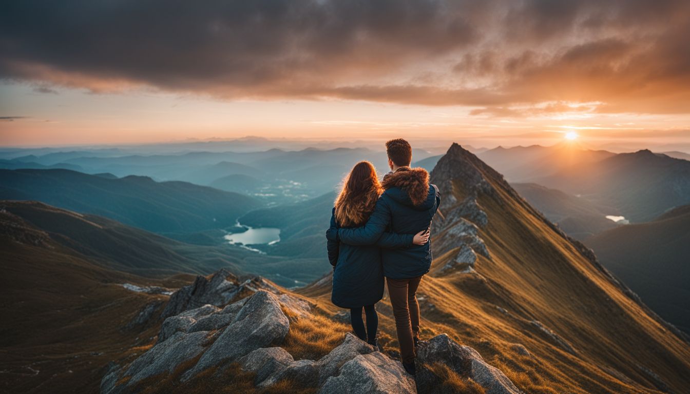 A man and a woman embracing on a mountain peak at sunrise in a cinematic landscape photograph. A man and a woman embracing on a mountain peak at sunrise in a cinematic landscape photograph.