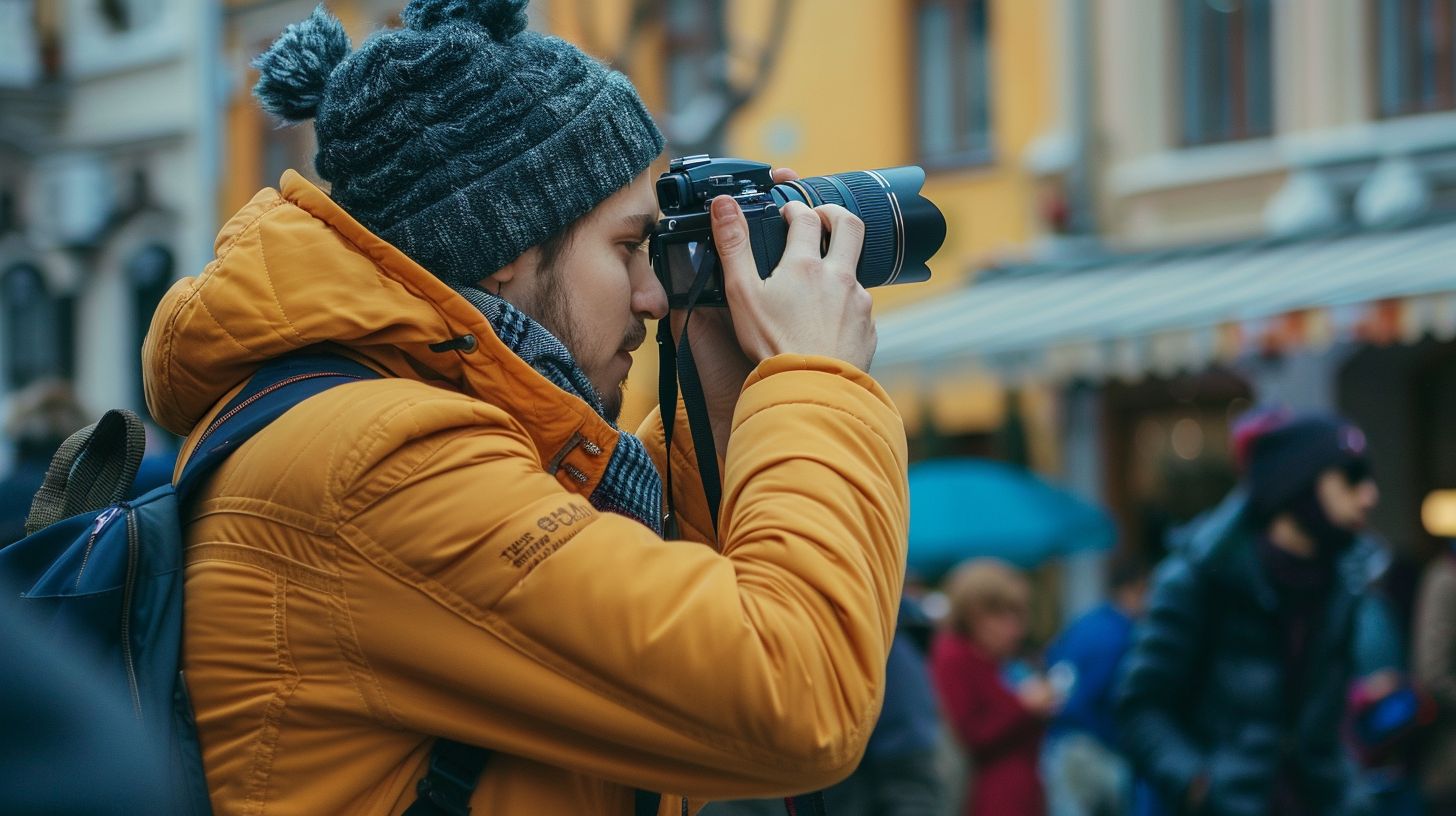 A person taking candid street photos in a busy city with a mirrorless camera. A person taking candid street photos in a busy city with a mirrorless camera.