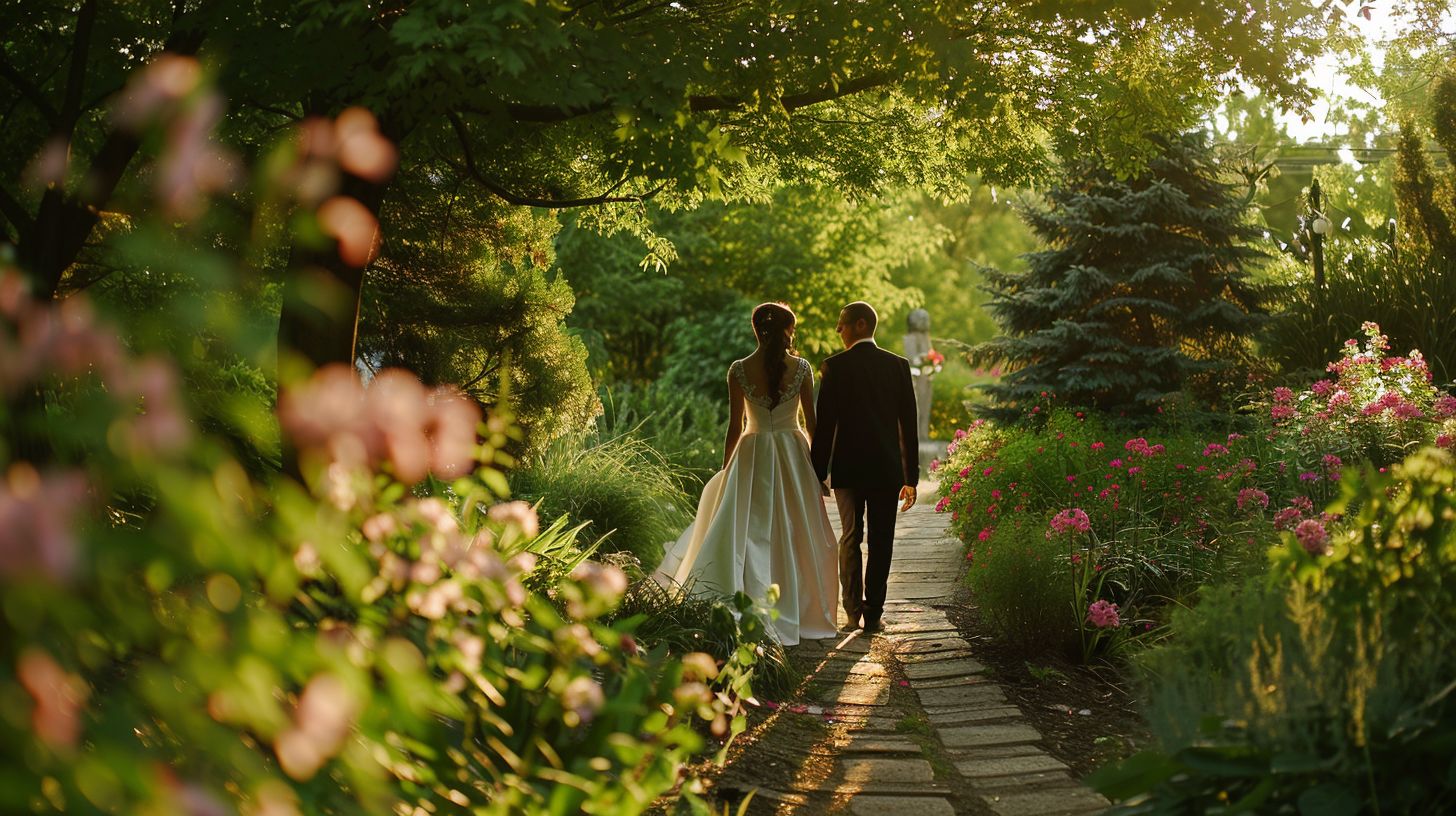 A newly married couple walking through a blooming garden captured by editorial wedding photography. A newly married couple walking through a blooming garden captured by editorial wedding photography.