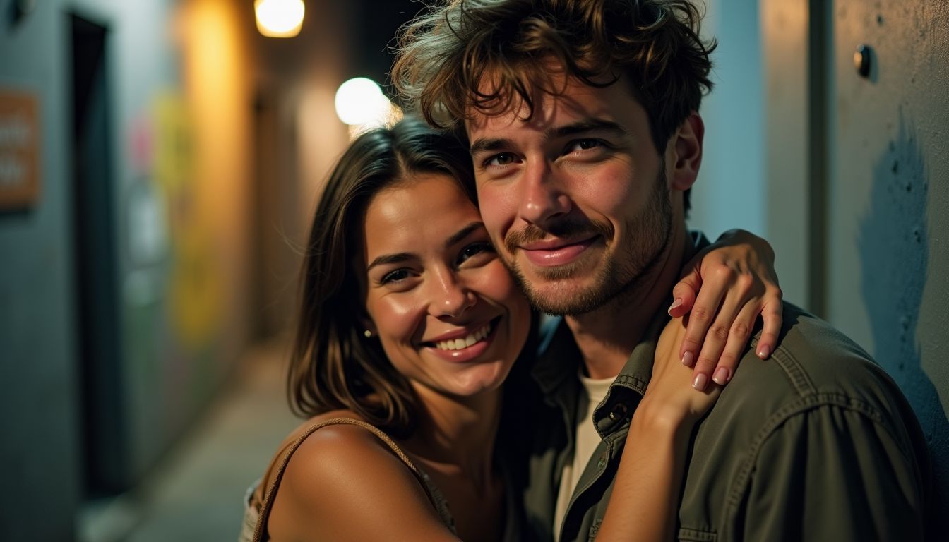 A casual photo of a young couple hugging in a dimly lit urban alleyway. A casual photo of a young couple hugging in a dimly lit urban alleyway.