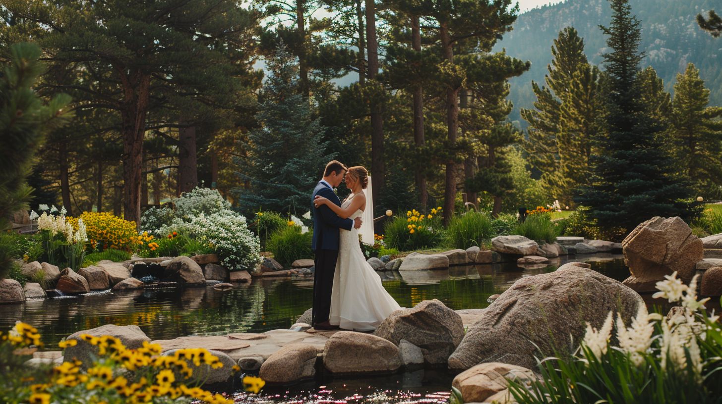 A newlywed couple shares an intimate moment in the picturesque gardens of Della Terra Mountain Chateau. A newlywed couple shares an intimate moment in the picturesque gardens of Della Terra Mountain Chateau.