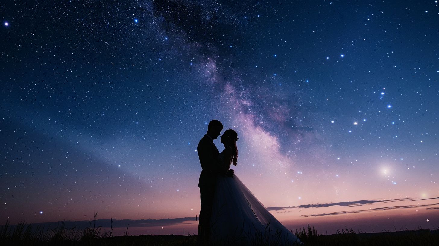 A wedding videographer captures a newlywed couple sharing a romantic dance under the starry night sky. A wedding videographer captures a newlywed couple sharing a romantic dance under the starry night sky.
