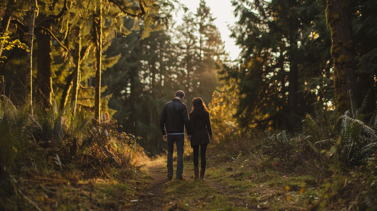 A couple walks hand-in-hand in a serene forest clearing captured in nature photography. A couple walks hand-in-hand in a serene forest clearing captured in nature photography.