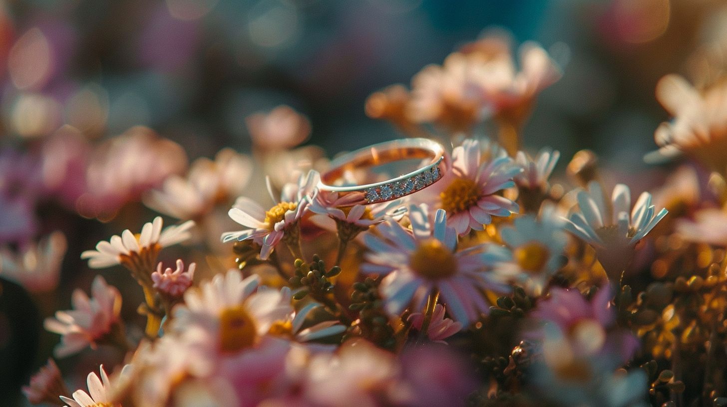 A wedding ring surrounded by colorful flowers in a macro nature photograph. A wedding ring surrounded by colorful flowers in a macro nature photograph.