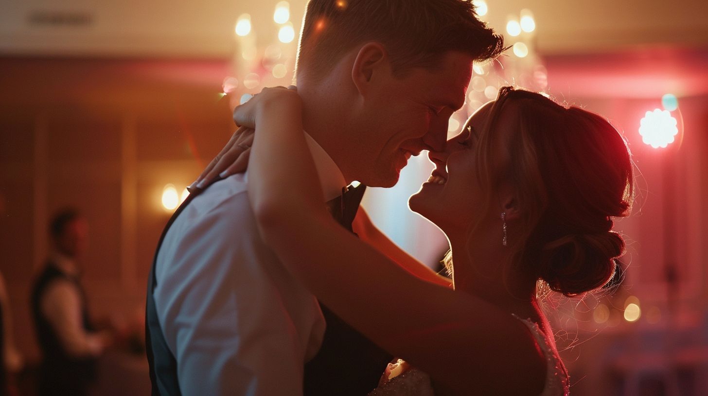 A newlywed couple sharing a spontaneous dance at their reception, captured with documentary photography. A newlywed couple sharing a spontaneous dance at their reception, captured with documentary photography.