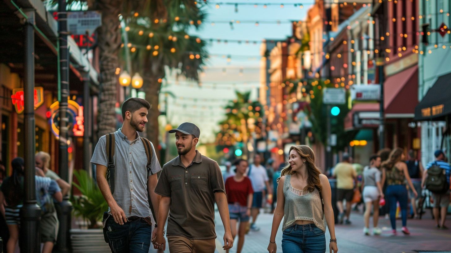 Couples stroll through vibrant Historic Ybor City. Couples stroll through vibrant Historic Ybor City.