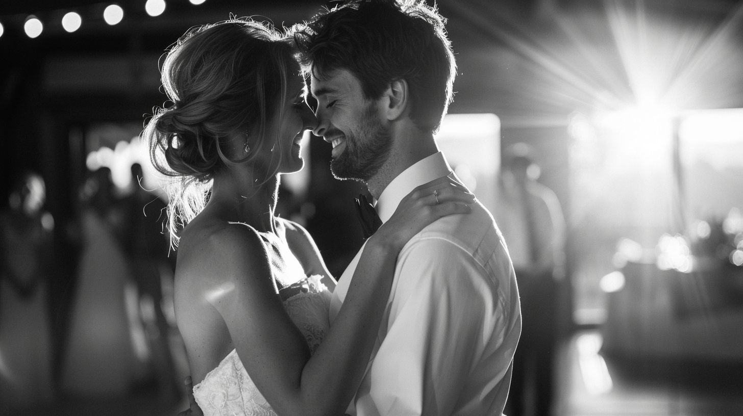 A newlywed couple sharing a spontaneous dance at their reception, captured with documentary photography. A newlywed couple sharing a spontaneous dance at their reception, captured with documentary photography.