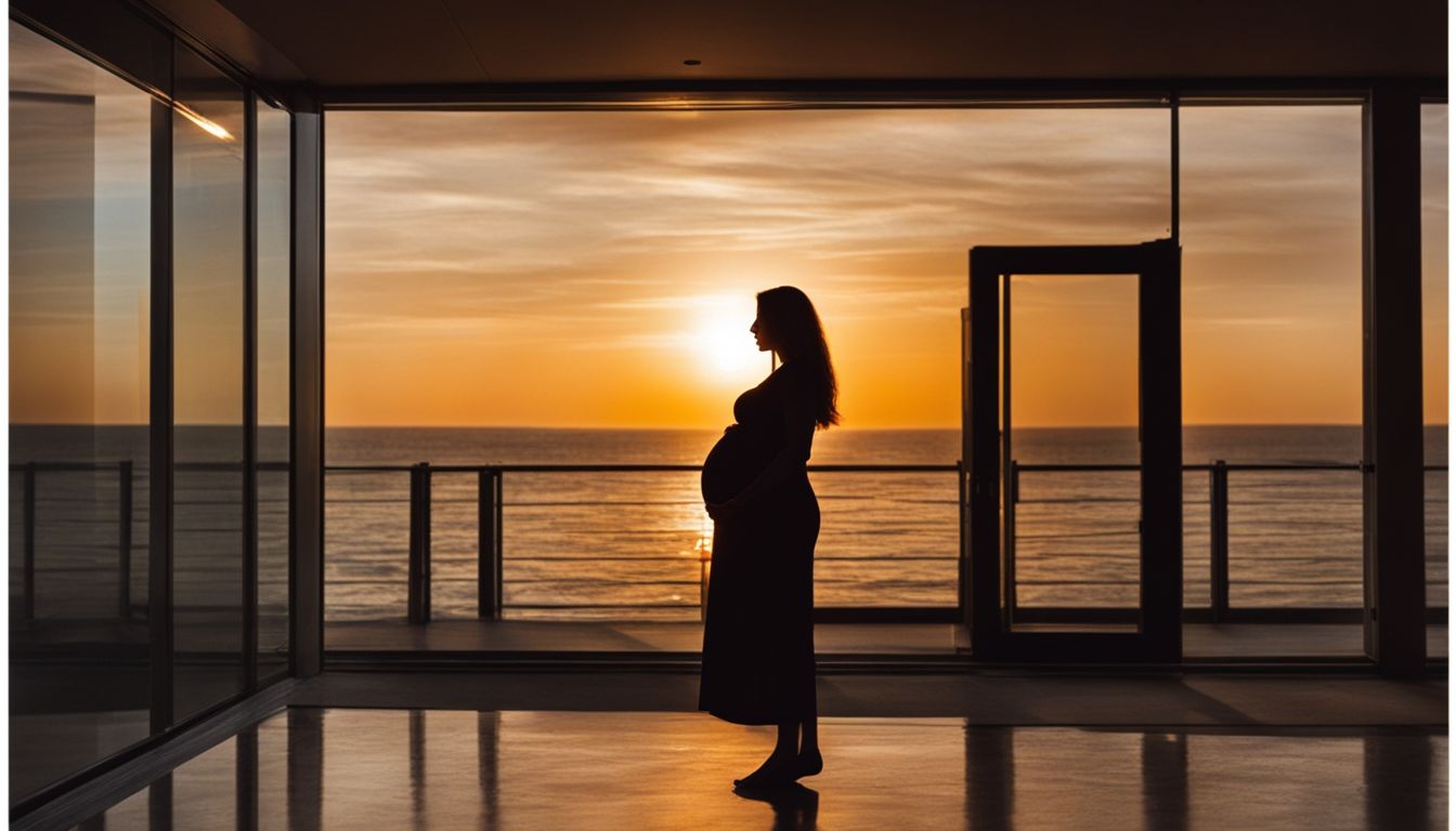A pregnant woman standing by a window at sunset, showcasing her baby bump. A pregnant woman standing by a window at sunset, showcasing her baby bump.