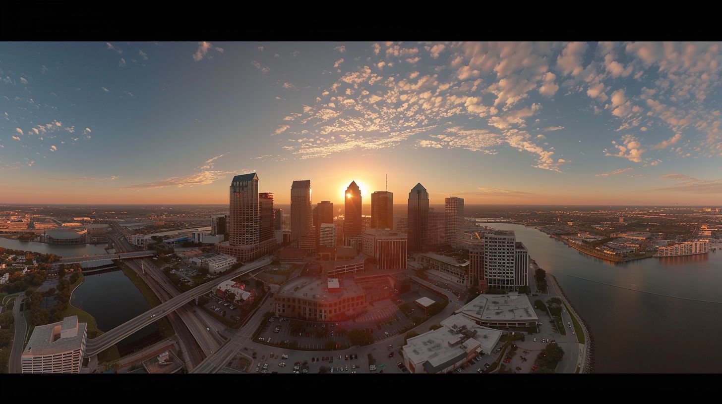 A wide-angle shot captures the expansive Tampa Bay skyline during golden hour. A wide-angle shot captures the expansive Tampa Bay skyline during golden hour.