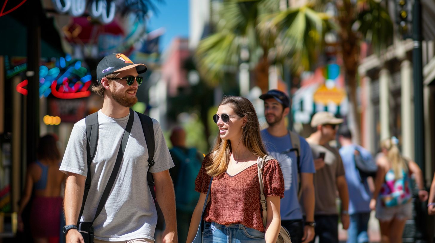 Couples stroll through vibrant Historic Ybor City. Couples stroll through vibrant Historic Ybor City.