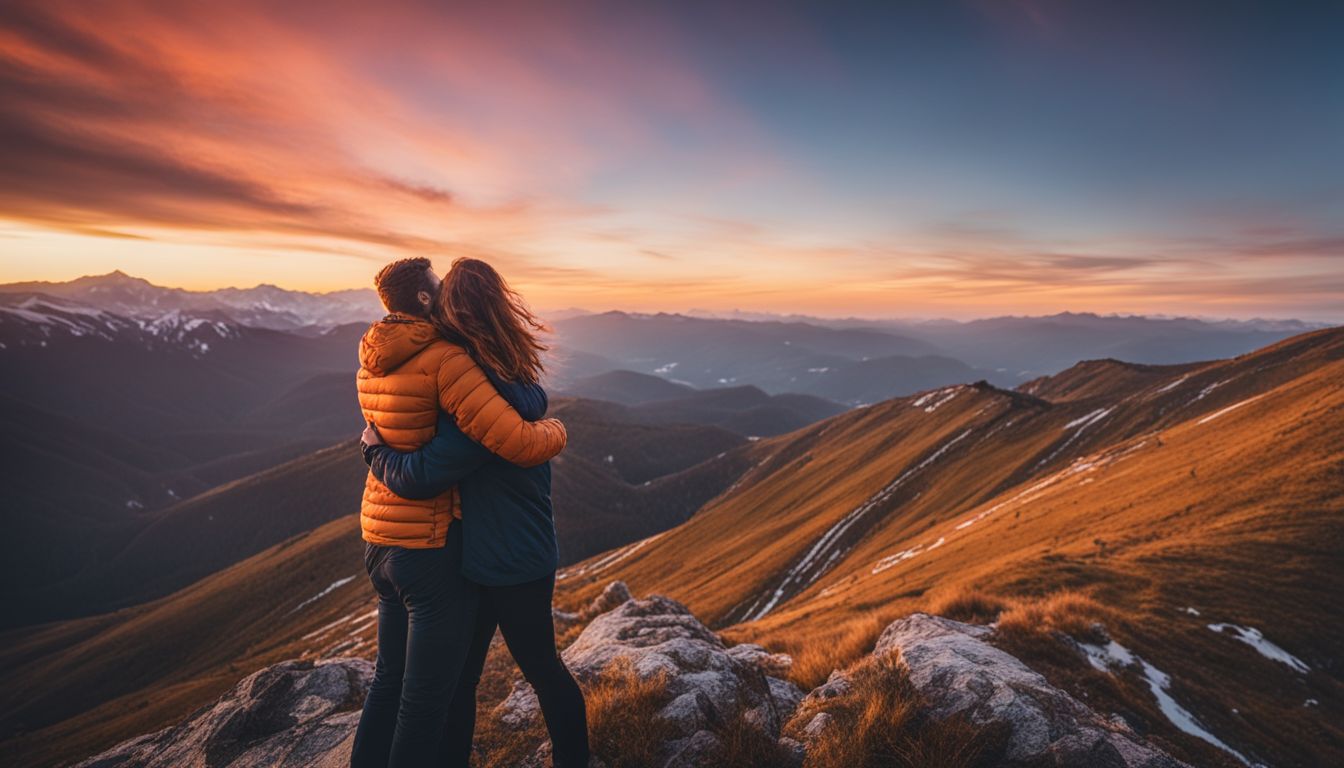 A couple embracing on a mountain peak with a stunning sunset backdrop. A couple embracing on a mountain peak with a stunning sunset backdrop.