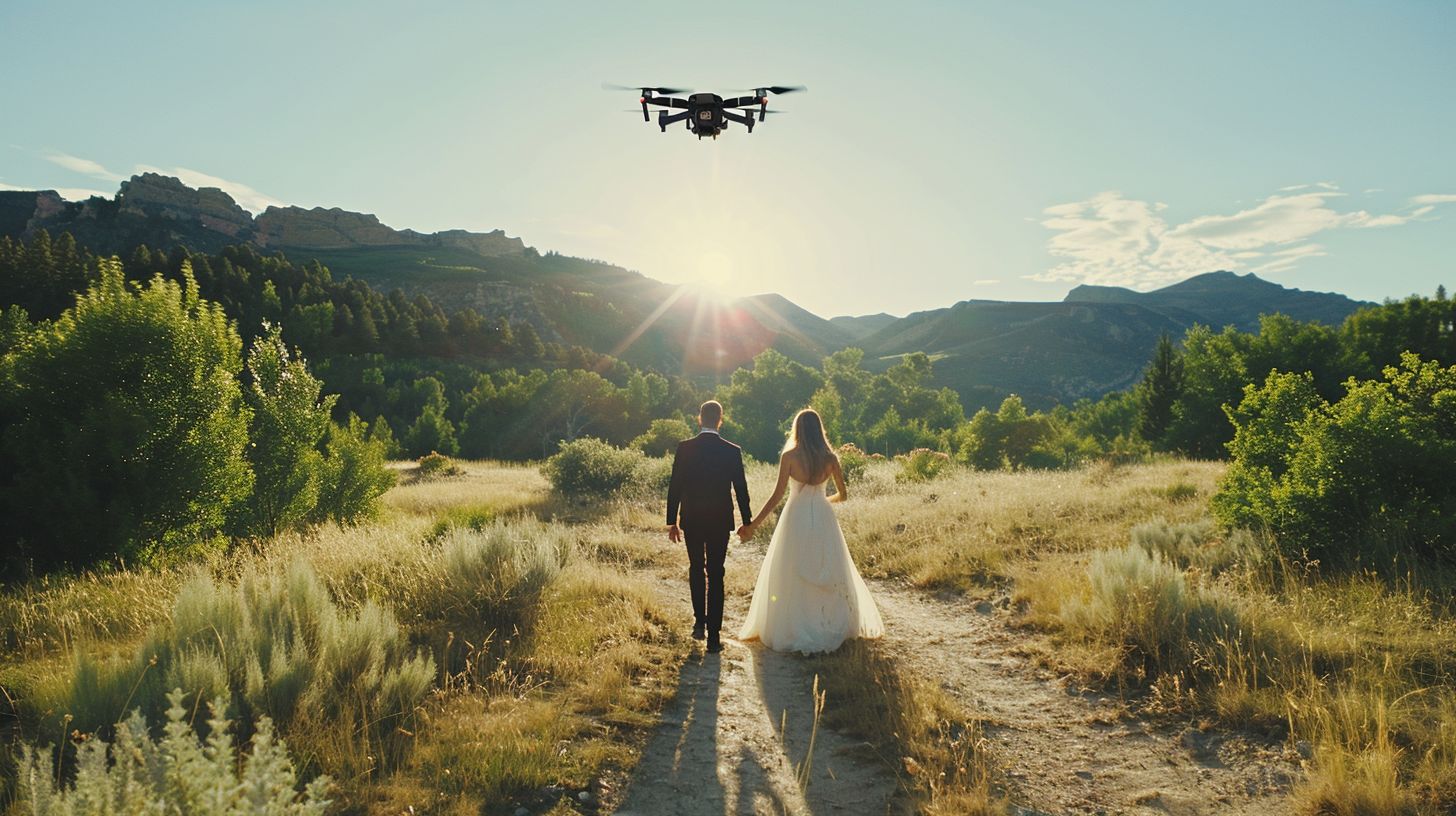 A drone captures a newlywed couple walking through a picturesque landscape from a bird's eye view. A drone captures a newlywed couple walking through a picturesque landscape from a bird's eye view.