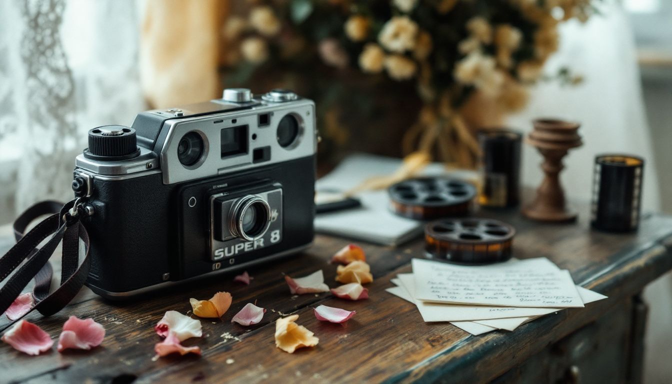 A vintage Super 8 film camera surrounded by wedding items on a wooden table. A vintage Super 8 film camera surrounded by wedding items on a wooden table.