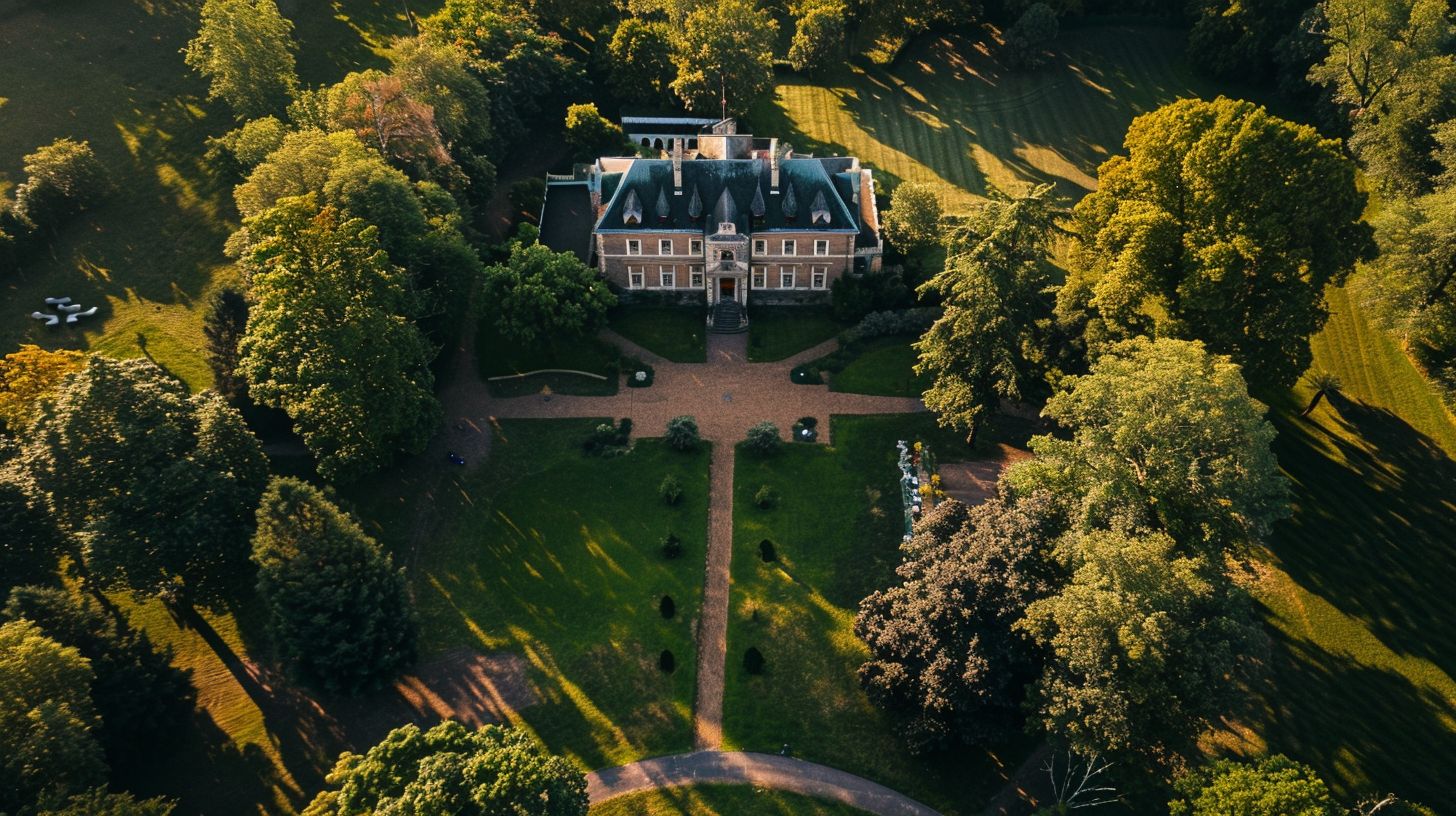 Aerial photograph of a wedding venue captured with a DJI Mavic Air 2 drone. Aerial photograph of a wedding venue captured with a DJI Mavic Air 2 drone.