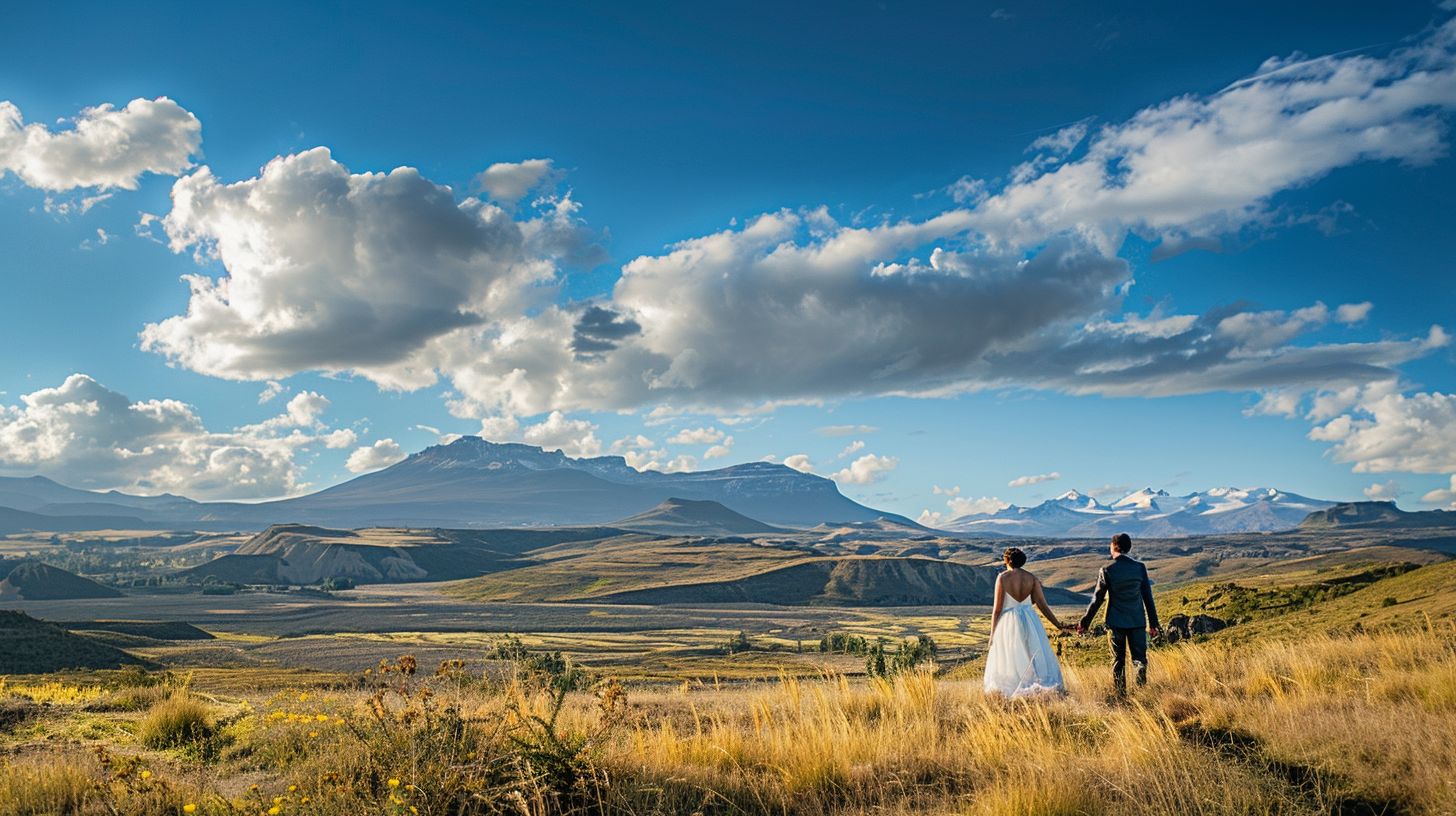A wedding couple joyfully poses in front of stunning mountain scenery. A wedding couple joyfully poses in front of stunning mountain scenery.