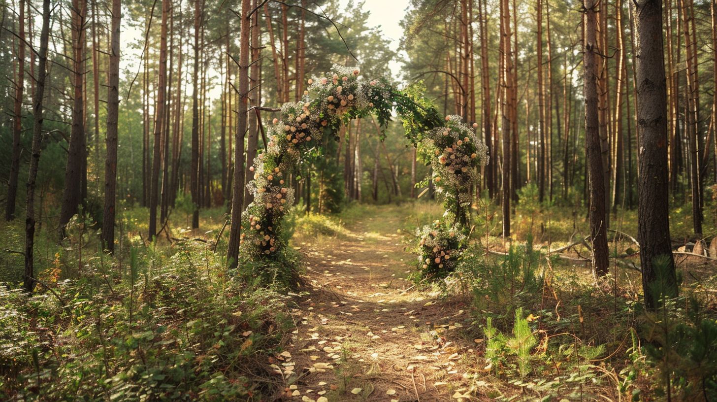 A wedding arch beautifully decorated in a forest clearing. A wedding arch beautifully decorated in a forest clearing.