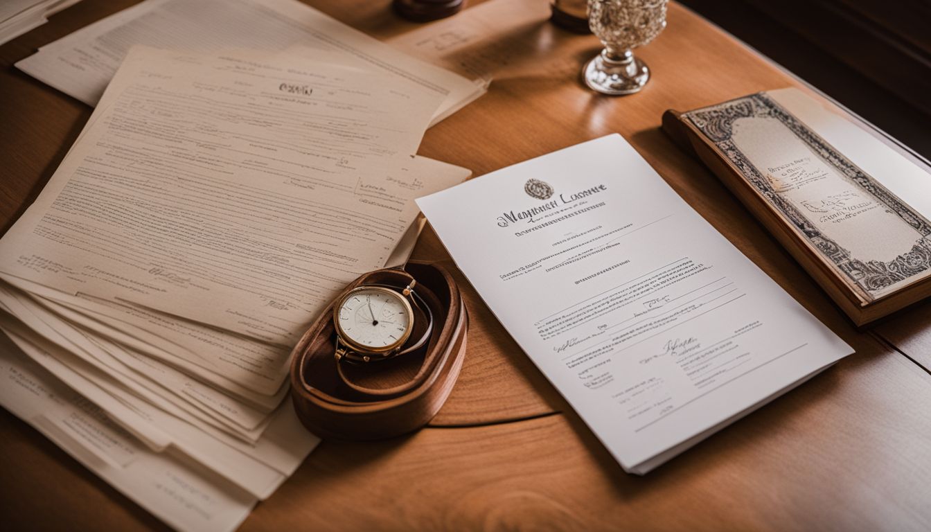 A marriage license and legal documents on a desk in a bustling courthouse setting. A marriage license and legal documents on a desk in a bustling courthouse setting.