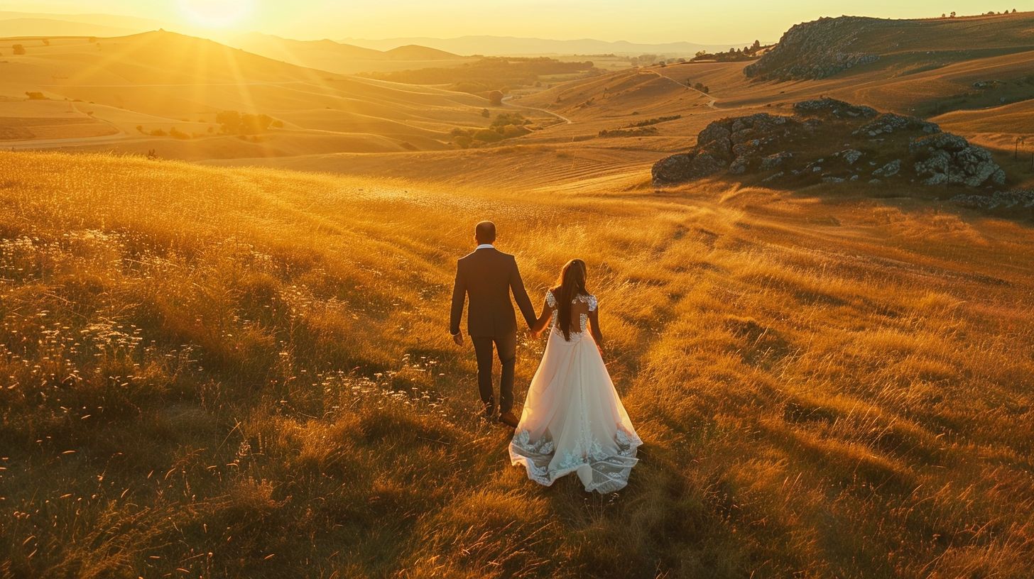 A drone captures a newlywed couple walking through a picturesque landscape from a bird's eye view. A drone captures a newlywed couple walking through a picturesque landscape from a bird's eye view.