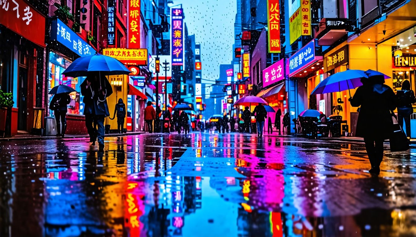 A lifestyle photographer capturing a vibrant city street scene on a rainy day. A lifestyle photographer capturing a vibrant city street scene on a rainy day.