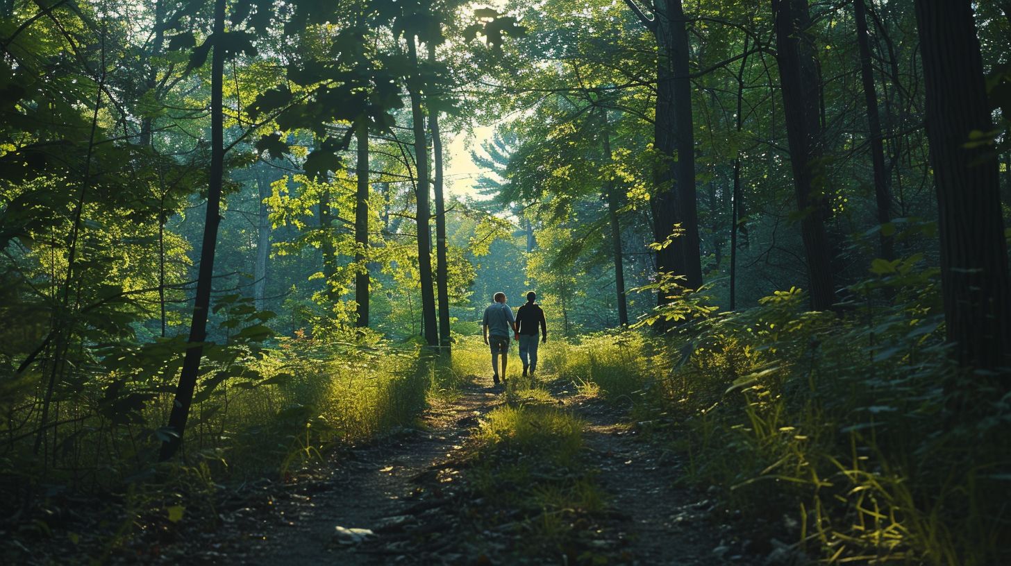 A couple walks hand-in-hand in a serene forest clearing captured in nature photography. A couple walks hand-in-hand in a serene forest clearing captured in nature photography.