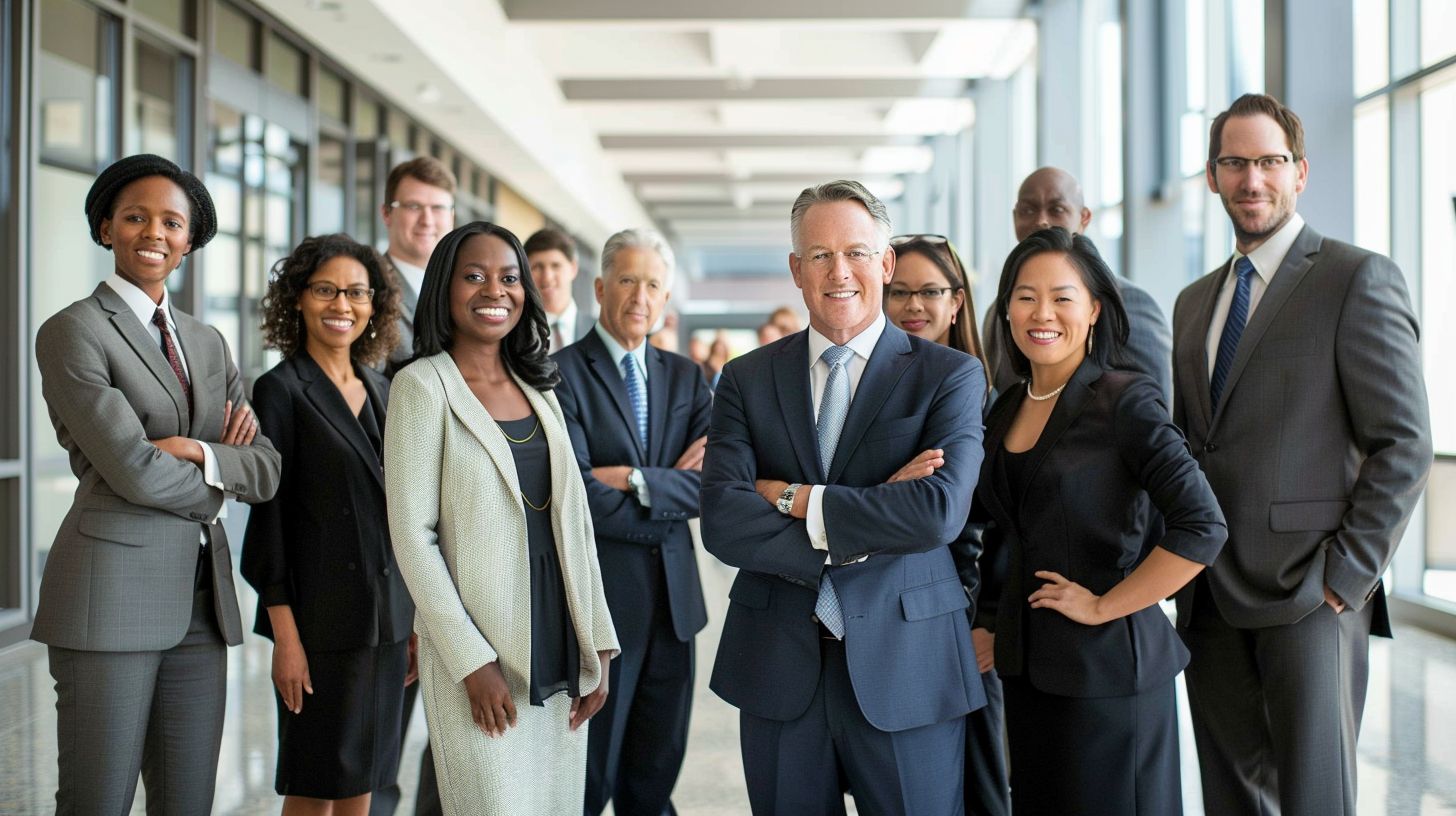 A group of business professionals pose for a formal portrait in a corporate office. A group of business professionals pose for a formal portrait in a corporate office.
