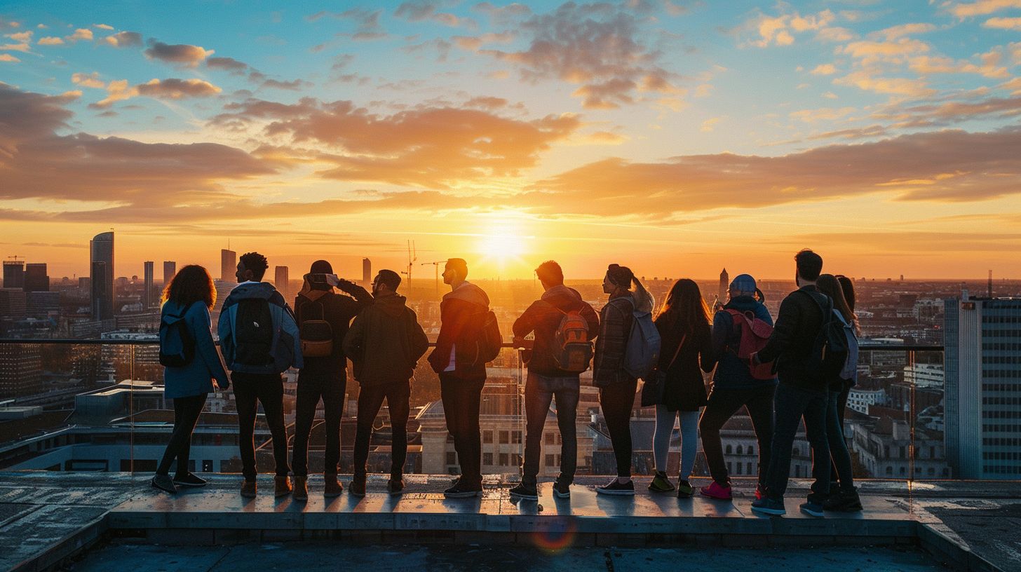 A group of friends stands in a circle on a rooftop, capturing an expansive city view. A group of friends stands in a circle on a rooftop, capturing an expansive city view.