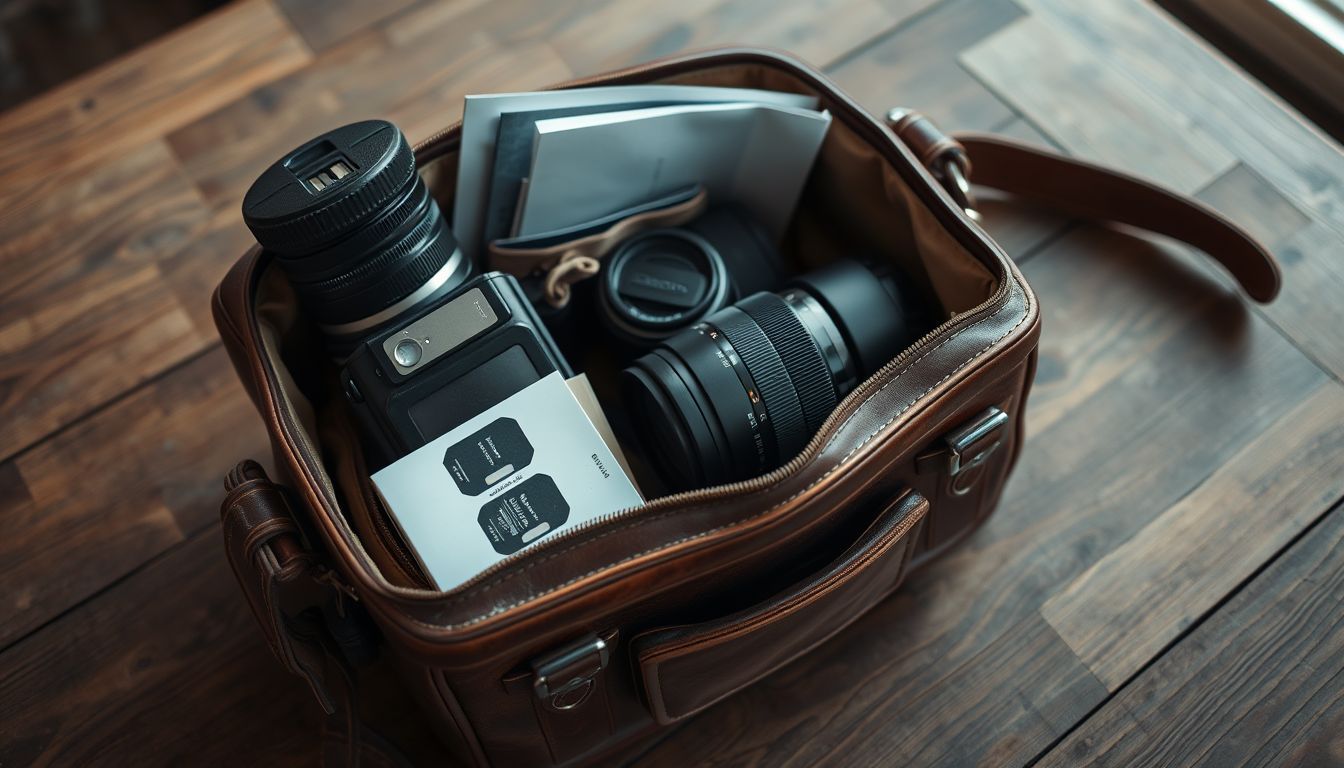 A well-worn leather camera bag filled with professional photography gear. A well-worn leather camera bag filled with professional photography gear.