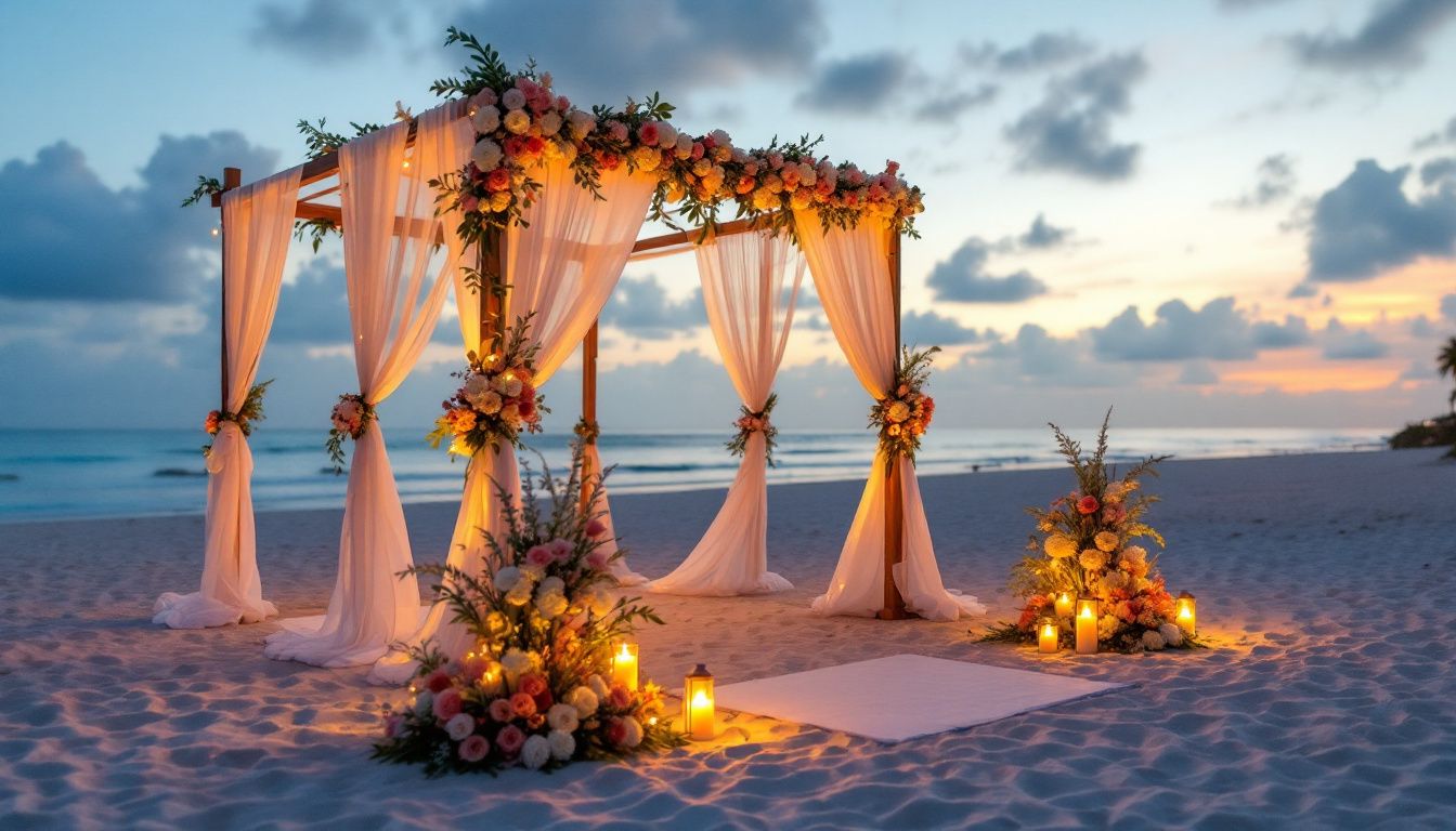 A casual photo of a tropical beach wedding setup in Miami at sunset. A casual photo of a tropical beach wedding setup in Miami at sunset.
