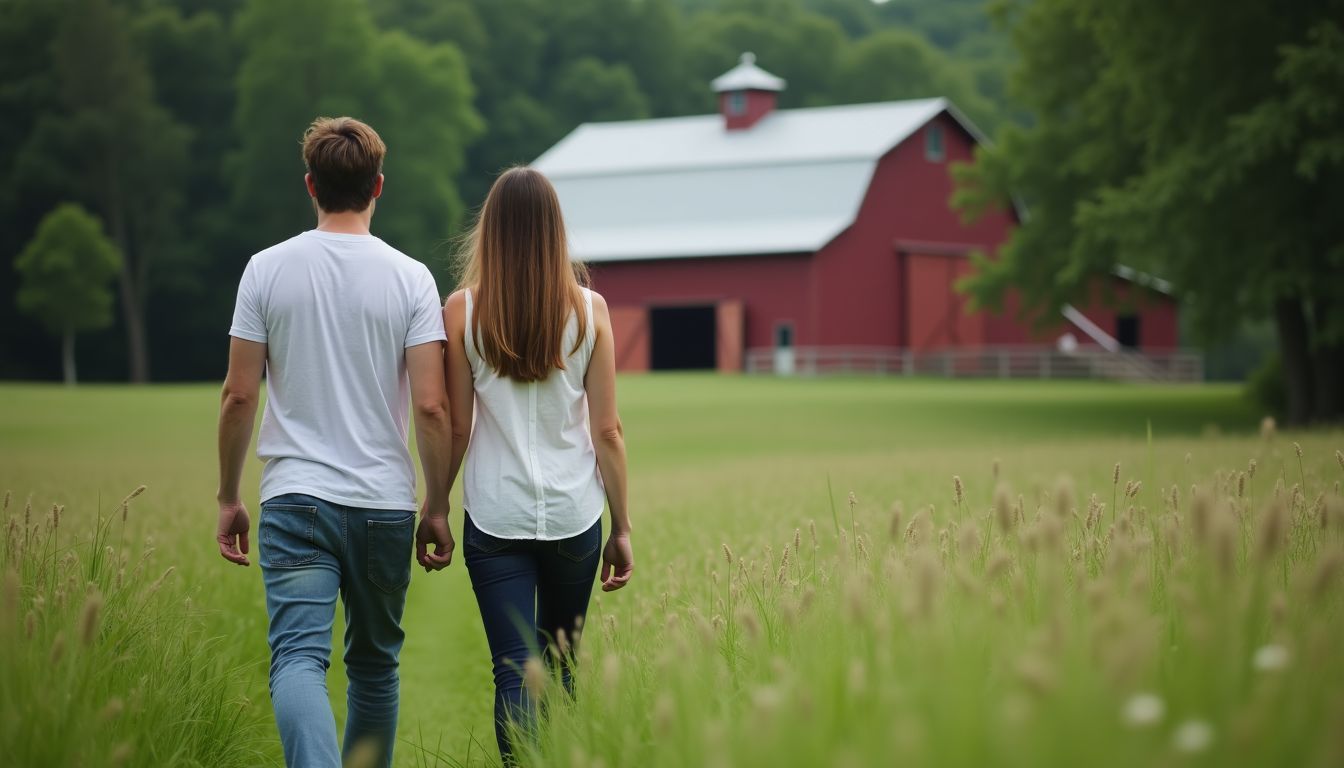 A couple in their late 20s explores rustic outdoor wedding venues in a lush green field. A couple in their late 20s explores rustic outdoor wedding venues in a lush green field.