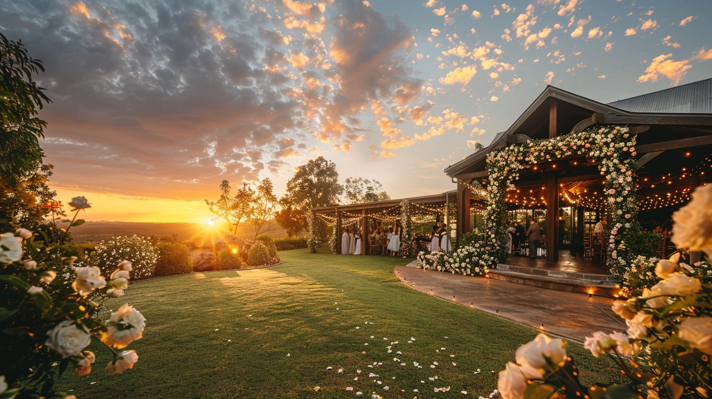 A wedding venue decorated with flowers and fairy lights at sunset. A wedding venue decorated with flowers and fairy lights at sunset.