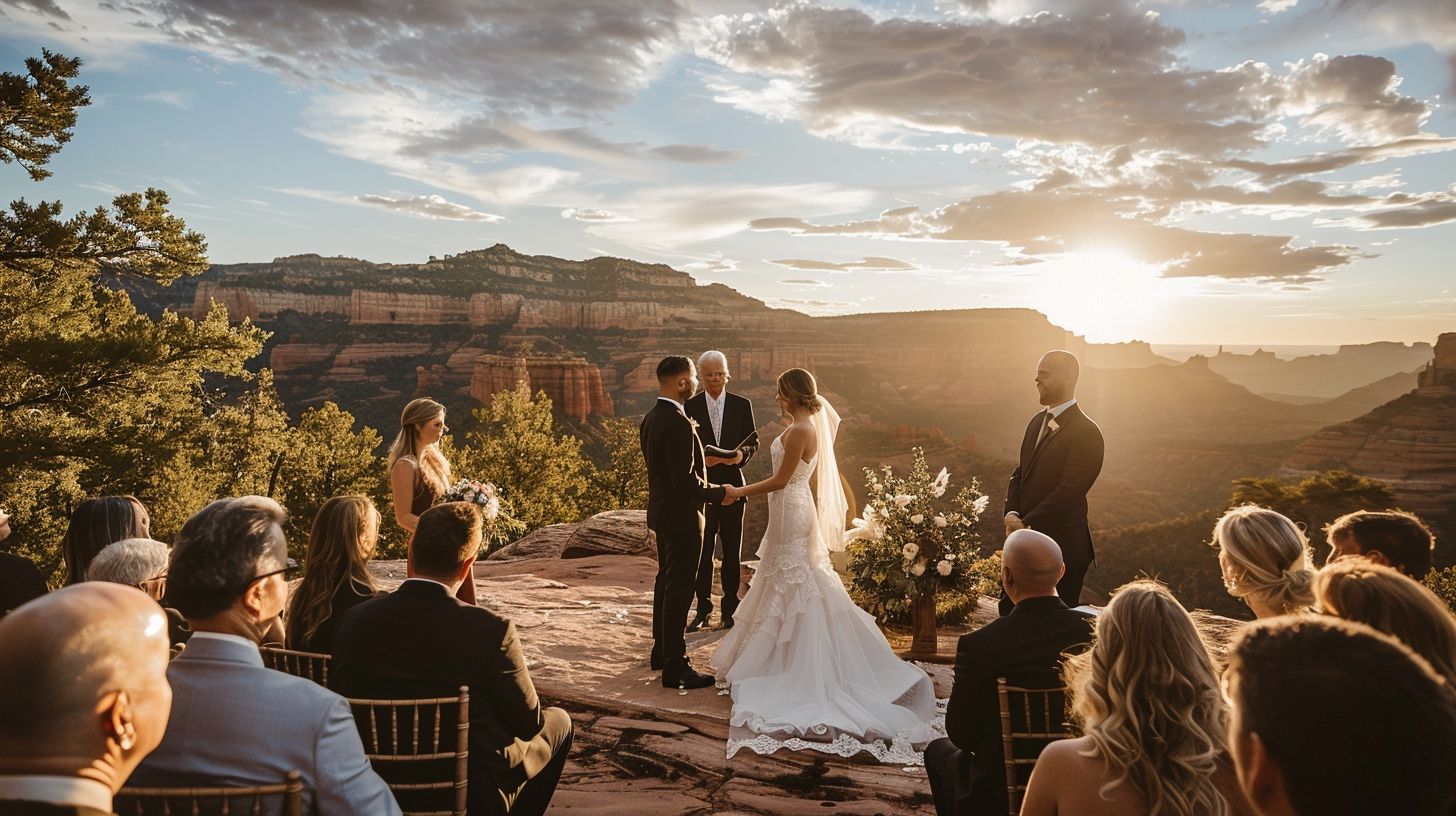 A couple exchanging wedding vows in a beautiful outdoor setting. A couple exchanging wedding vows in a beautiful outdoor setting.