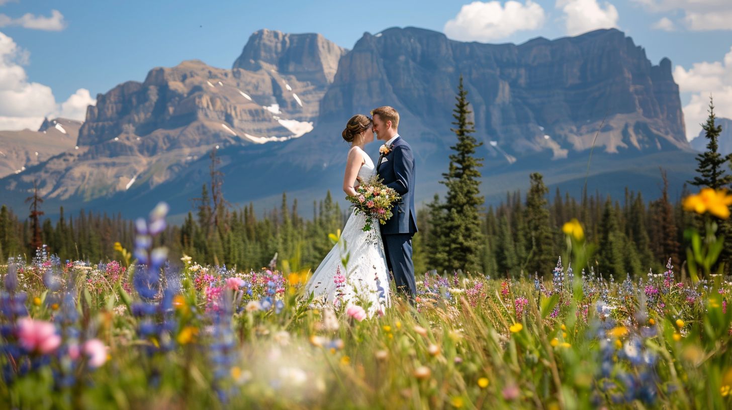 A bride and groom standing in a field of wildflowers with the Rocky Mountains in the background. A bride and groom standing in a field of wildflowers with the Rocky Mountains in the background.