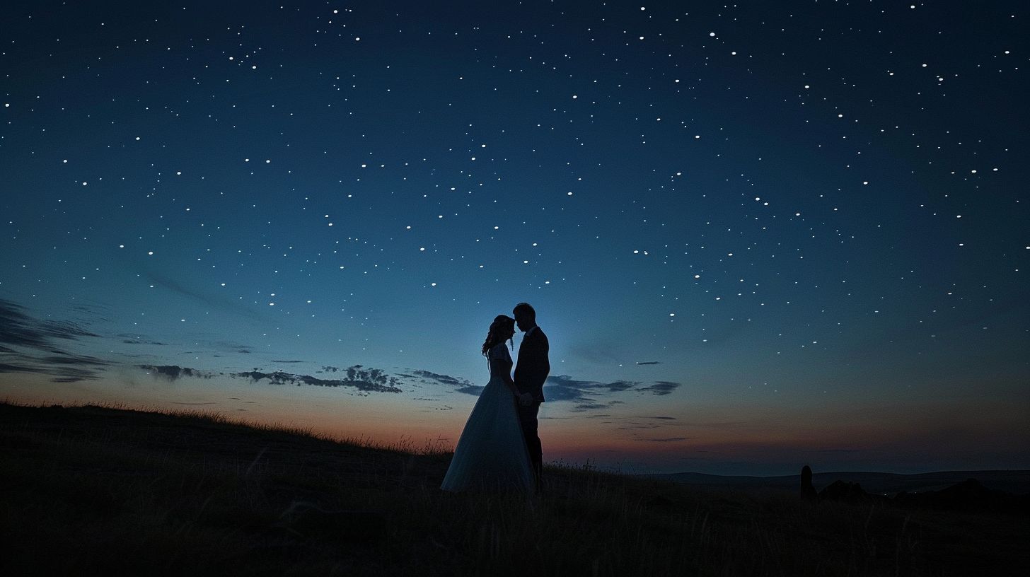 A newlywed couple dancing under a starry night sky. A newlywed couple dancing under a starry night sky.