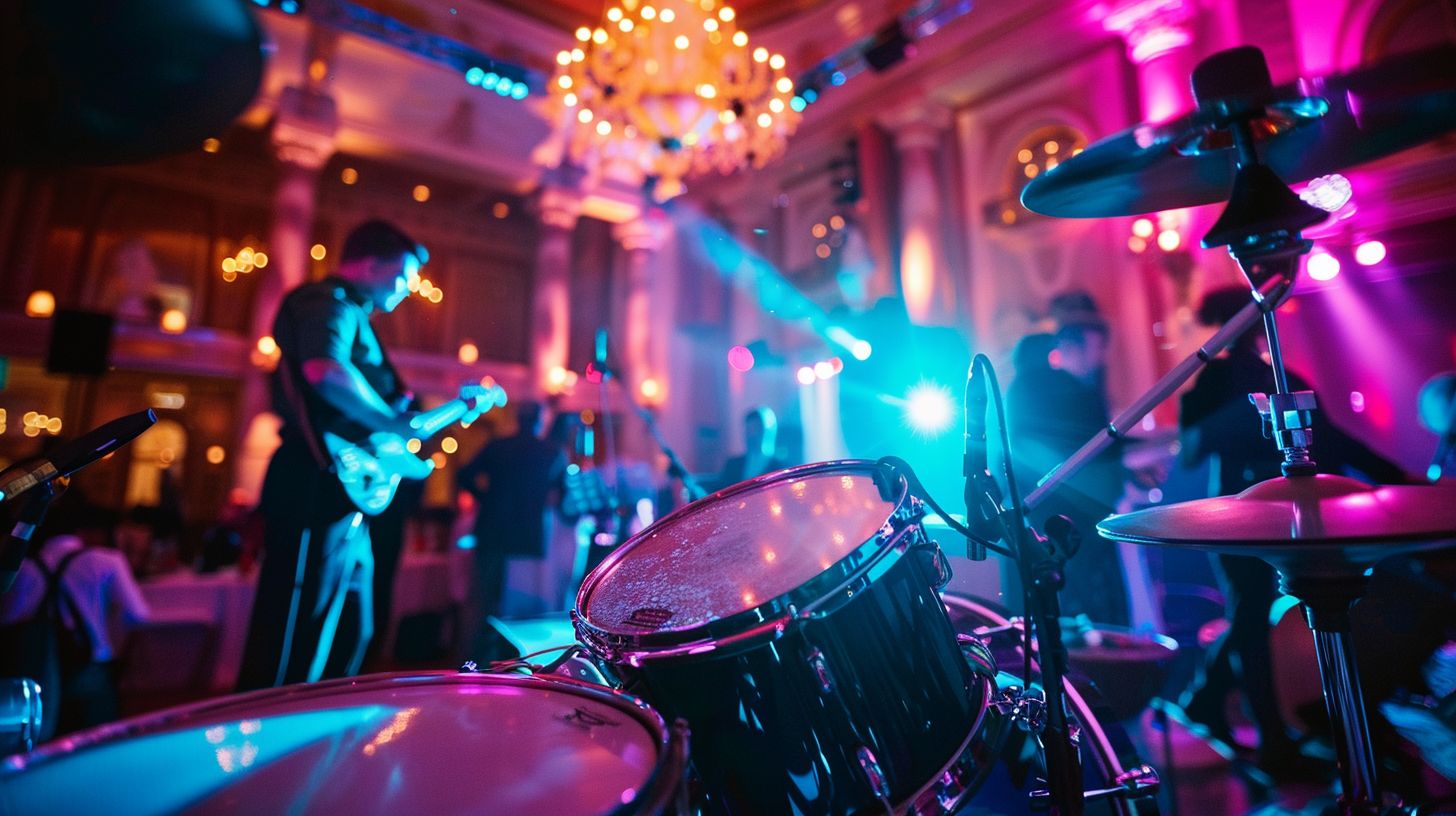 A wedding band performs on a beautifully decorated stage at a venue. A wedding band performs on a beautifully decorated stage at a venue.