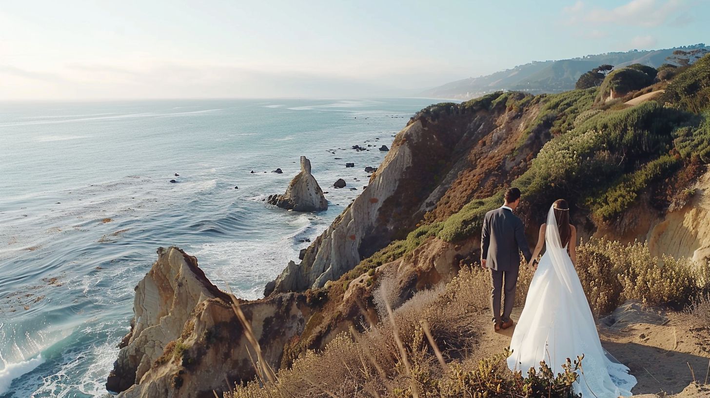 A bride and groom hold hands on a stunning ocean cliff for a wedding photo. A bride and groom hold hands on a stunning ocean cliff for a wedding photo.