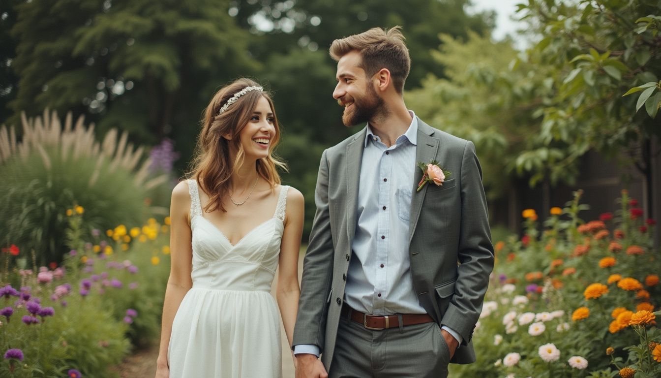 A casual outdoor wedding photo of a happy bride and groom surrounded by greenery and flowers. A casual outdoor wedding photo of a happy bride and groom surrounded by greenery and flowers.