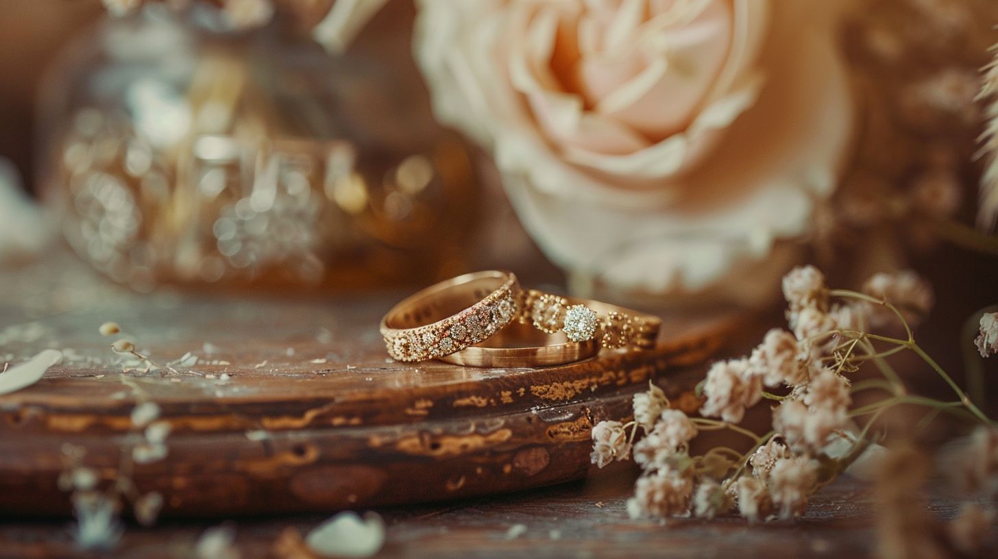 Two wedding rings on a vintage tabletop with flowers and rustic decor, captured with a macro lens. Two wedding rings on a vintage tabletop with flowers and rustic decor, captured with a macro lens.