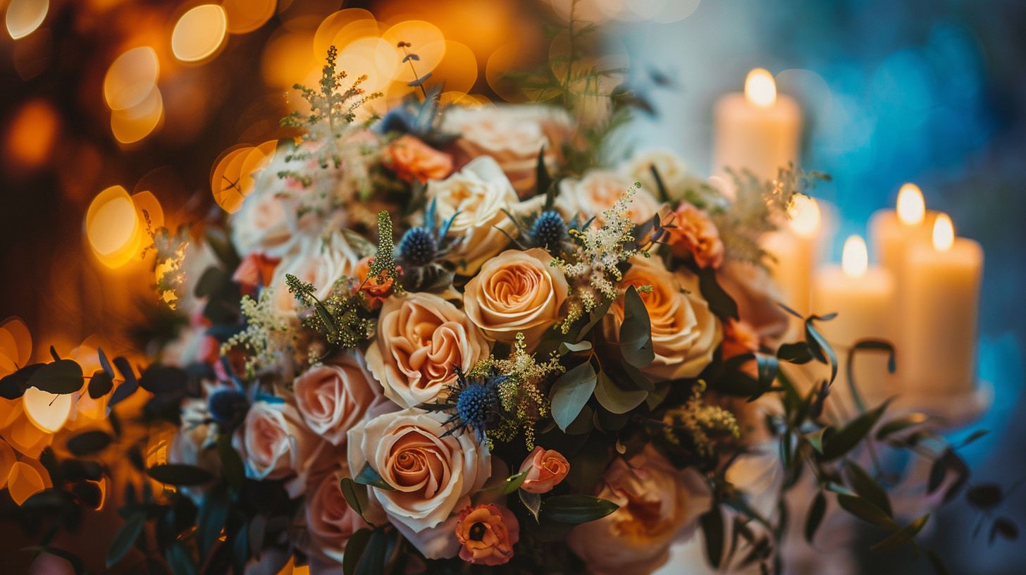 A macro photograph of an intricately arranged wedding bouquet in a natural setting. A macro photograph of an intricately arranged wedding bouquet in a natural setting.